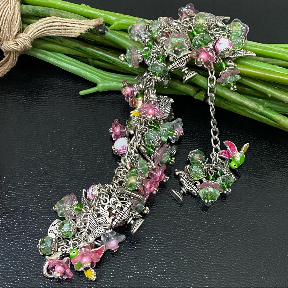 Handmade Spring Themed Flowers Hummingbird Chunky Beaded Fun Bracelet